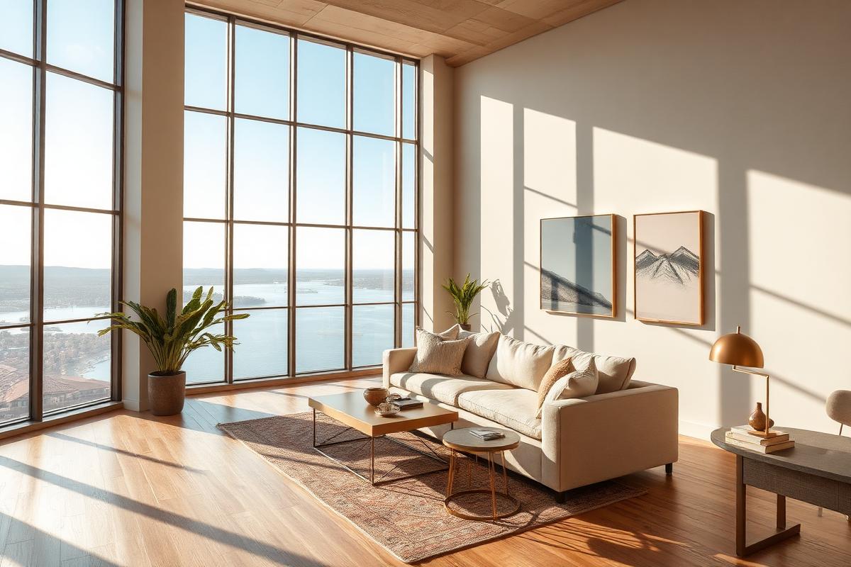 Sunlit living room of a Quality Homes loft with panoramic lake views